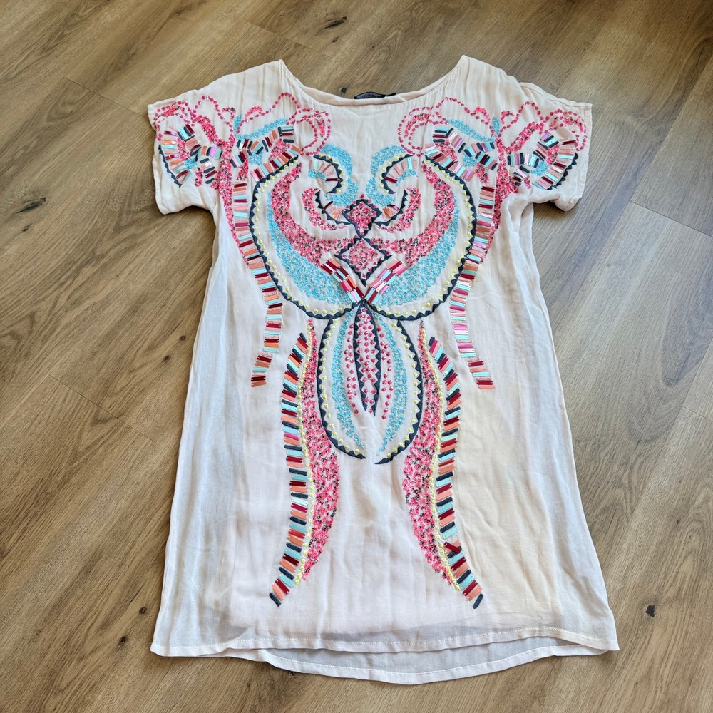 Antik Batik Pink Embellished Sequin Tribal Boho Mini Dress Size S/38